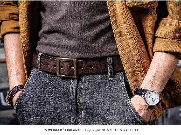 Vintage Men's Genuine Leather Belt Handmade Needle Buckle with Pure Copper Buckle Belt-Leather Belt-Dark Coffee-105cm-Free Shipping Leatheretro