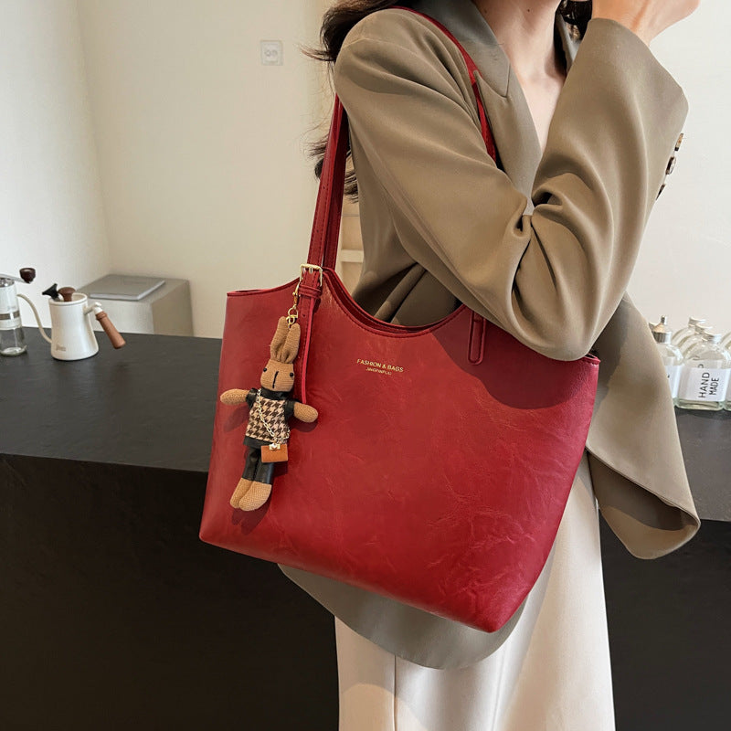 Vintage Soft Faux Leather Tote Bag for Women-Black with pendant.-Free Shipping Leatheretro