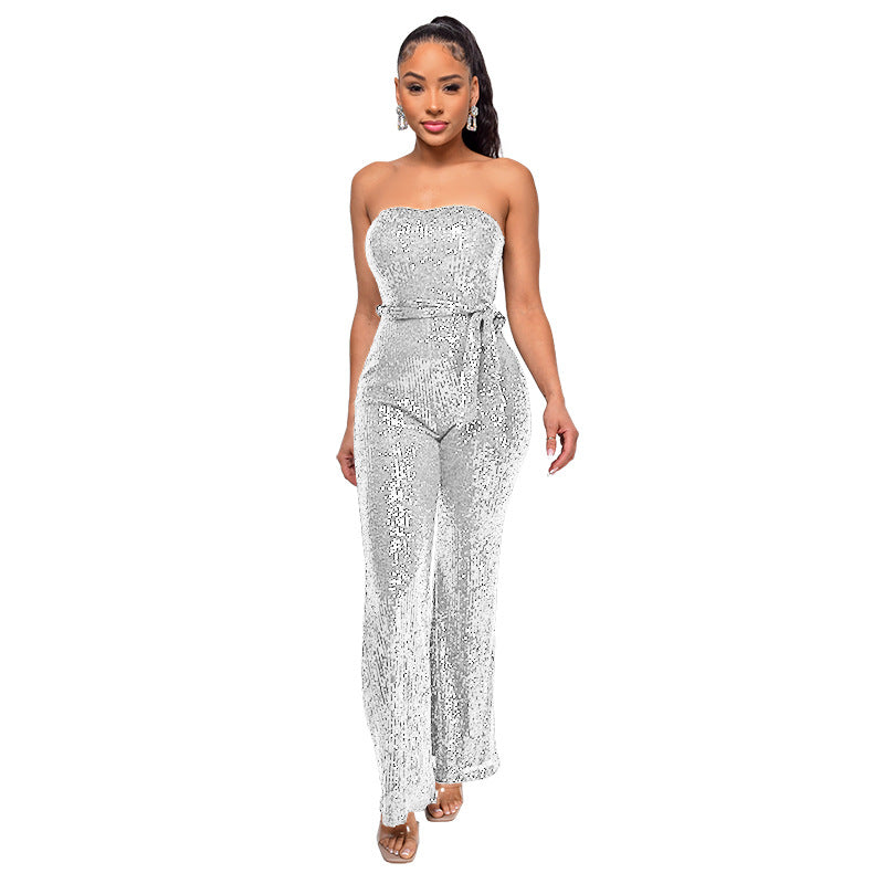 Sexy Strapless Sequined Sleeveless Jumpsuits-Suits-Silver-S-Free Shipping Leatheretro