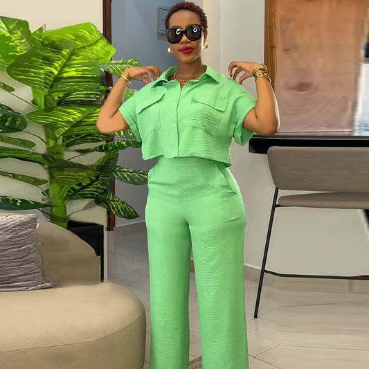 Summer Casual Short Sleeves Shirts and Wide Legs Pants-suits-Green-S-Free Shipping Leatheretro