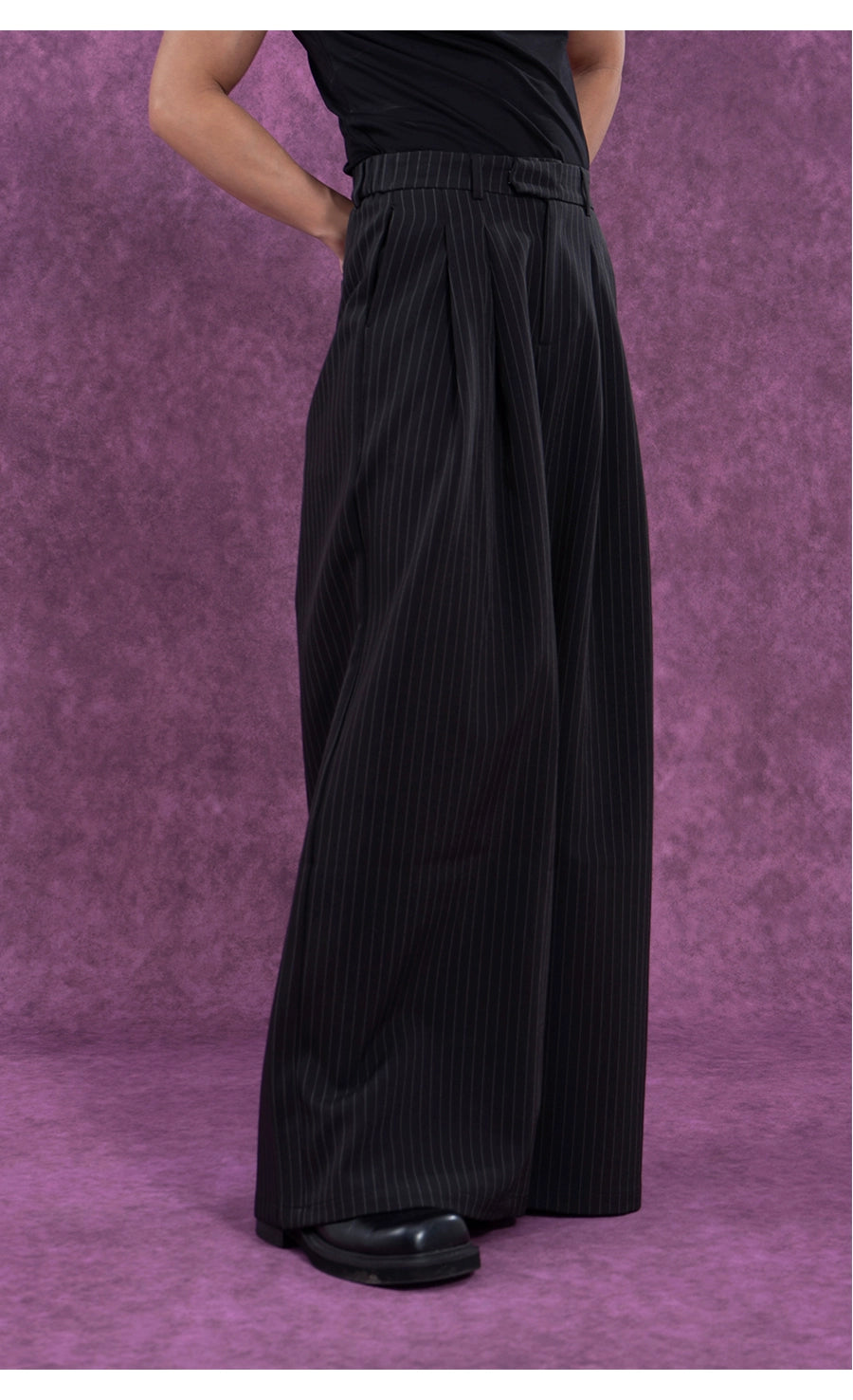 CLP Black Striped Relaxed-Fit Pants with Elastic Waist-Black-S-Free Shipping Leatheretro