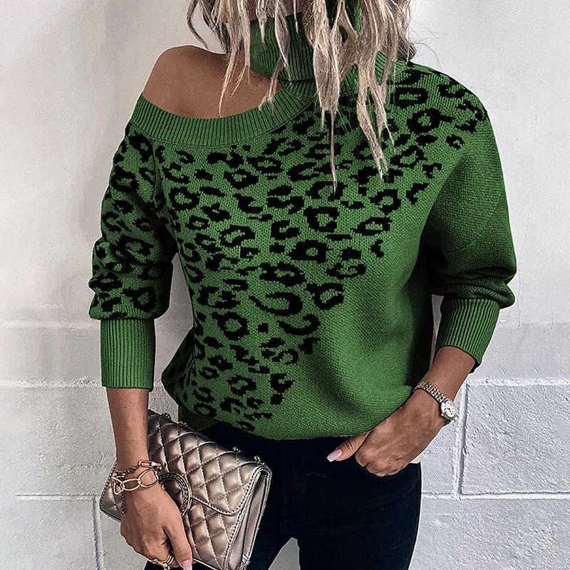 Casual Leopard Long Sleeves Knitted Sweaters-Sweater&Hoodies-Green-S-Free Shipping Leatheretro