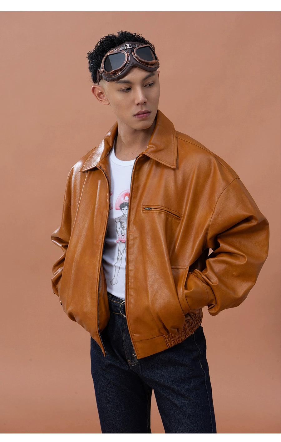 CLP Men Brown Faux Leather Stand Collar Jacket-Brown-M-Free Shipping Leatheretro