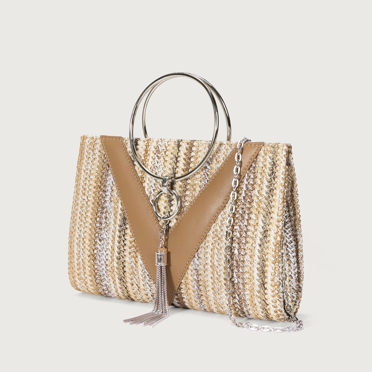 Women's Straw Woven Bag with Chain Strap-apricot-Free Shipping Leatheretro