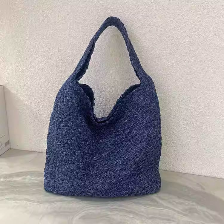 Stylish Canvas & Denim Woven Bucket Bag for Women-Light Blue 23cm-Free Shipping Leatheretro