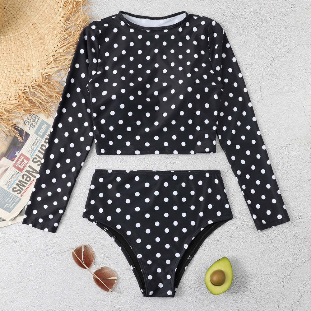 Black Dot Long Sleeves Surf Wear for Women-Swimwear-Dot-S-Free Shipping Leatheretro