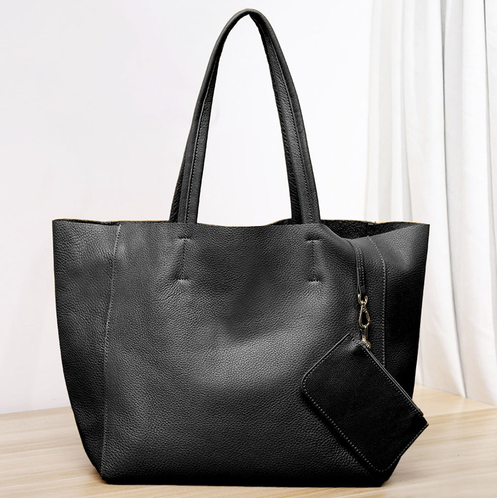 Large Capacity Tote Bag – Genuine Leather Commuter, Mom Shopping Bag-Handbags-Black horizontal model (100% natural drop pattern cowhide on the first layer)-Free Shipping Leatheretro