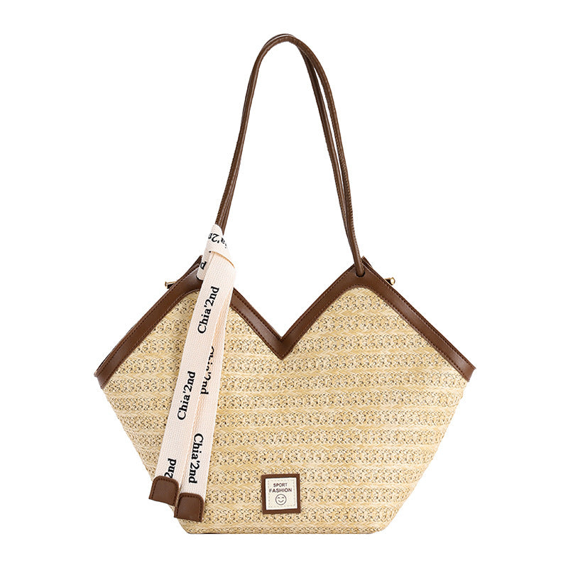 Large Capacity Tote Bag – Vintage Straw Woven Handbag-White with brown.-Free Shipping Leatheretro