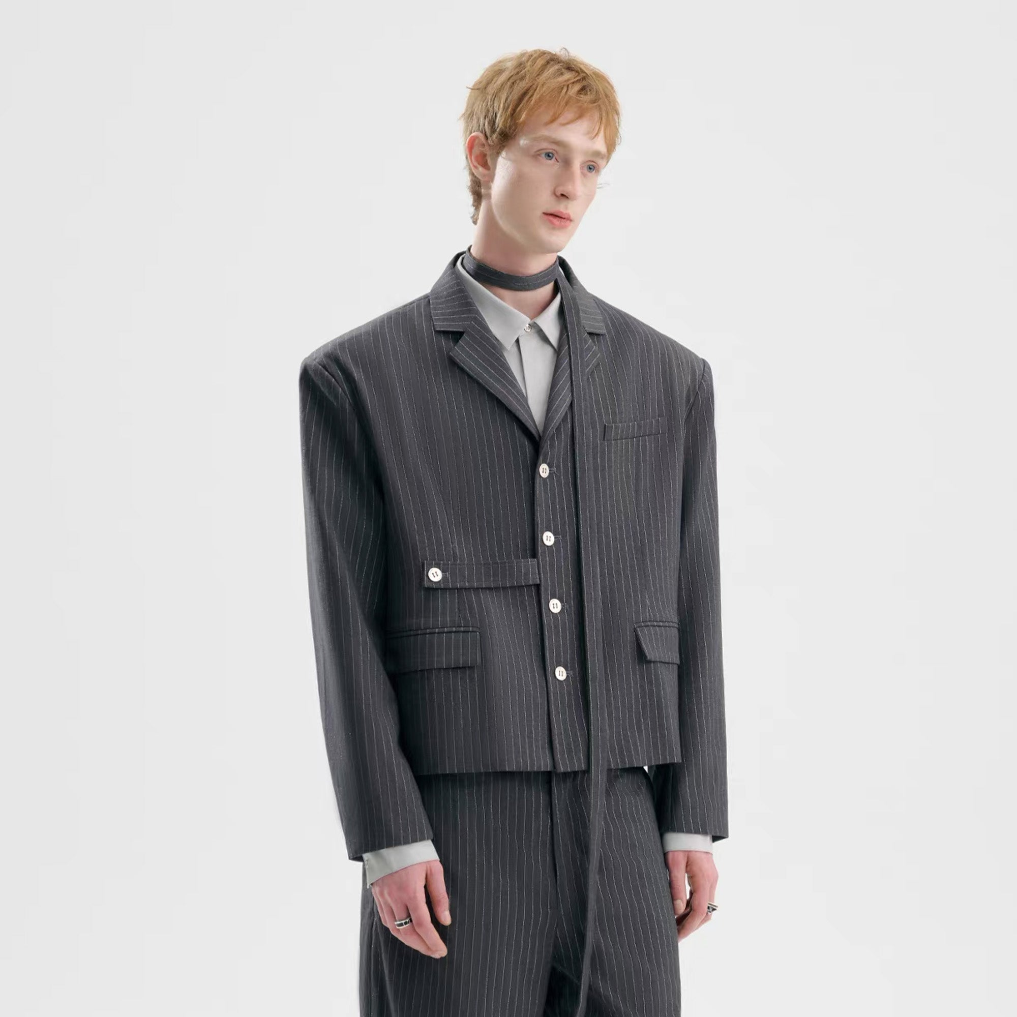 TIWILLTANG Cropped Pinstripe Strap Blazer-Jacket-S-Dark Gray-Free Shipping Leatheretro