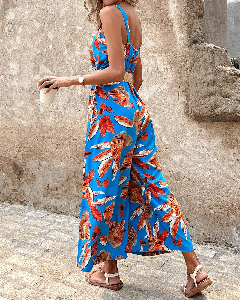 Fashion Floral Print Summer Jumpsuits with Belt-suits-Blue-S-Free Shipping Leatheretro