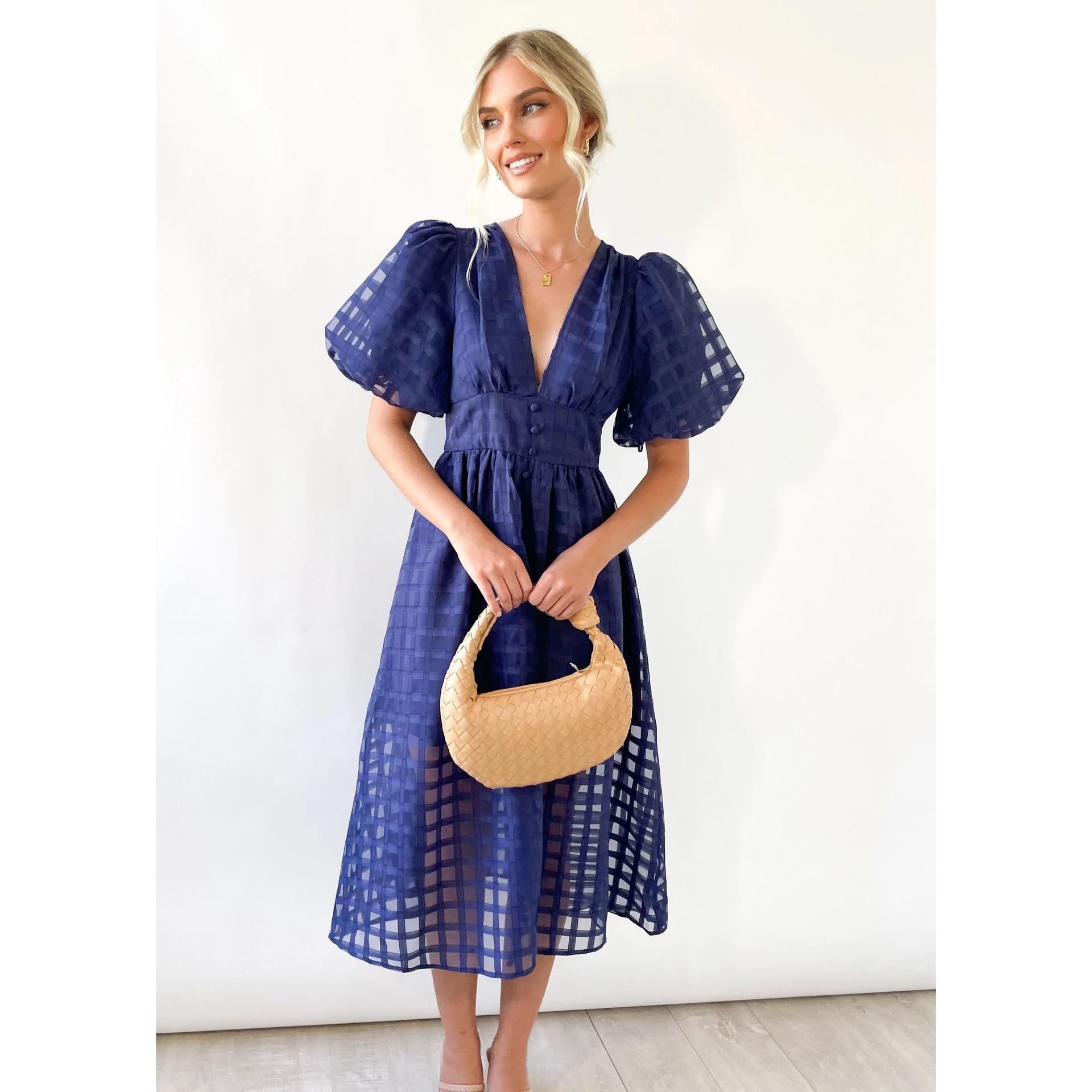 Classic Summer Hollow Design Lantern Sleeves Multi-color Women Dresses-Dresses-884 navy blue-S-Free Shipping Leatheretro