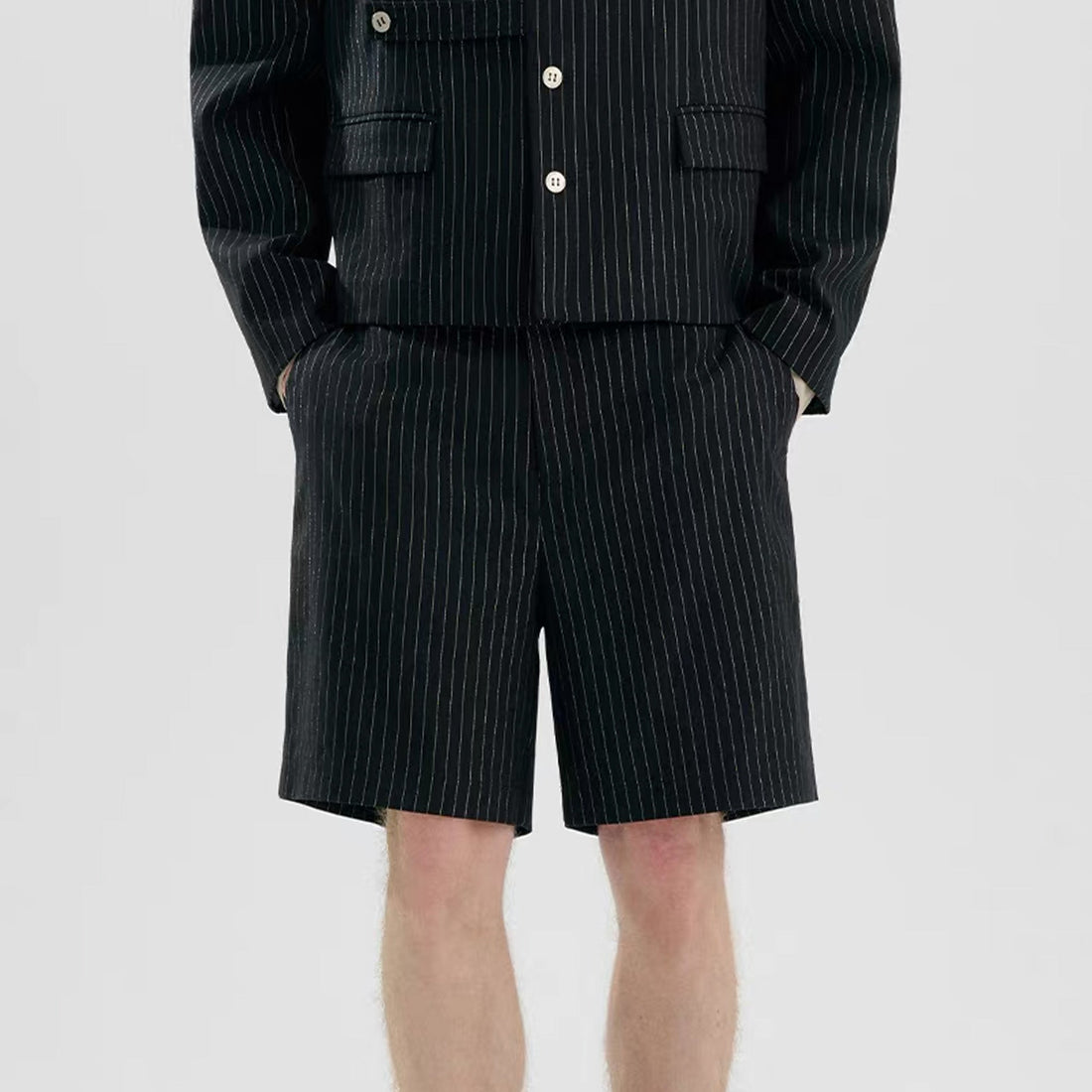 TIWILLTANG Straight-Leg Pinstripe Knee-Length Shorts-Shorts-S-Black-Free Shipping Leatheretro