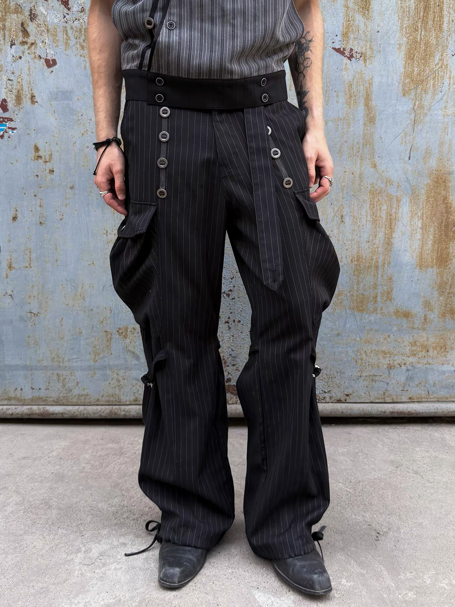 ESAIAS Pinstripe Grommet Belted Trousers-Pants-S / 29" (Preorder)-Free Shipping Leatheretro