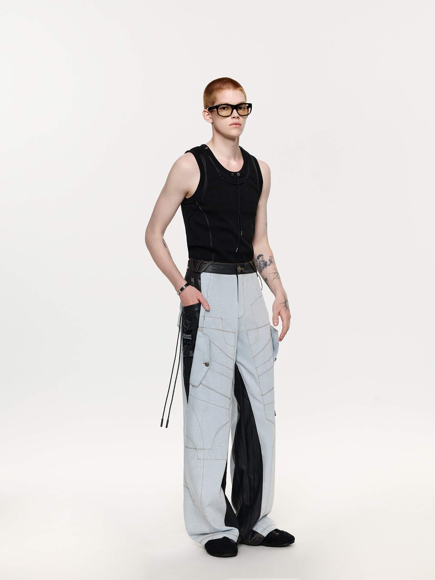 TIWILLTANG Contrast Stitch Paneled Wide-Leg Pants-Pants-S / 28-31”-Blue-Free Shipping Leatheretro