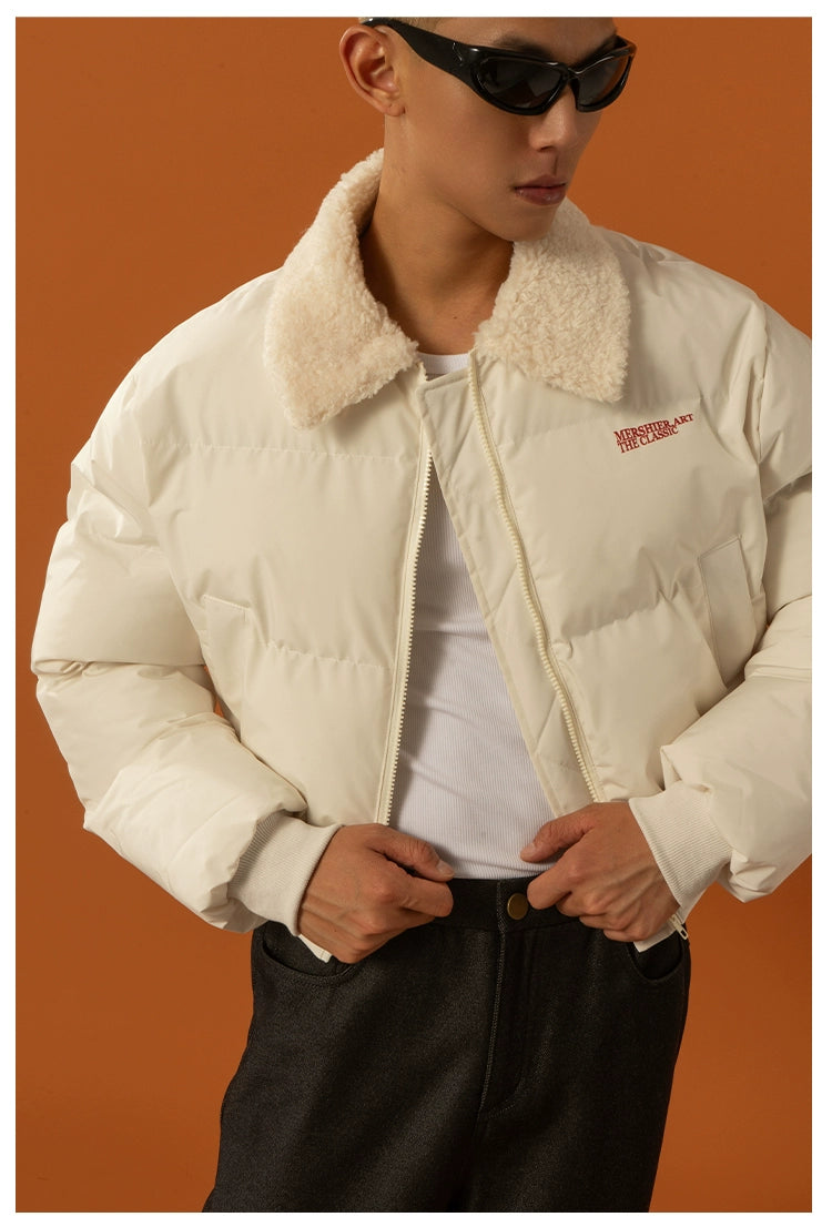 CLP Unisex Short Puffy Jacket with Sherpa Collar-Blue-S-Free Shipping Leatheretro