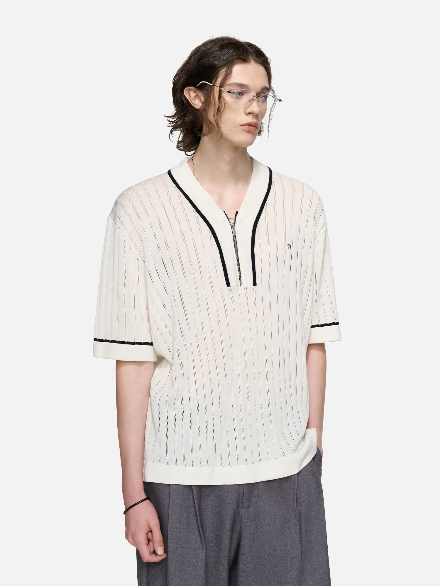 TIWILLTANG Openwork Contrast Trim Zip-Neck Knitted T Shirt-T Shirt-S-Free Shipping Leatheretro
