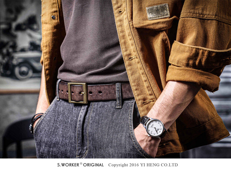 Vintage Men's Genuine Leather Belt Handmade Needle Buckle with Pure Copper Buckle Belt-Leather Belt-Dark Coffee-105cm-Free Shipping Leatheretro