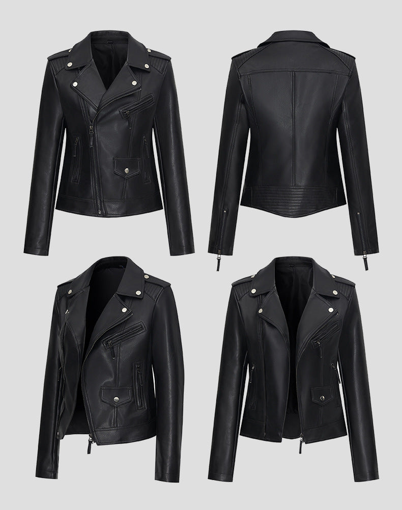 Women's Waist-Cinching Biker Faux Leather Jacket-Black-XS-Free Shipping Leatheretro