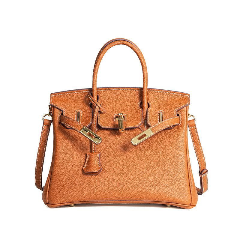 Luxury Genuine Top Grain Pebbled Leather Women's Handbag with Lock Closure-Handbags-elephant gray-35CM-Free Shipping Leatheretro