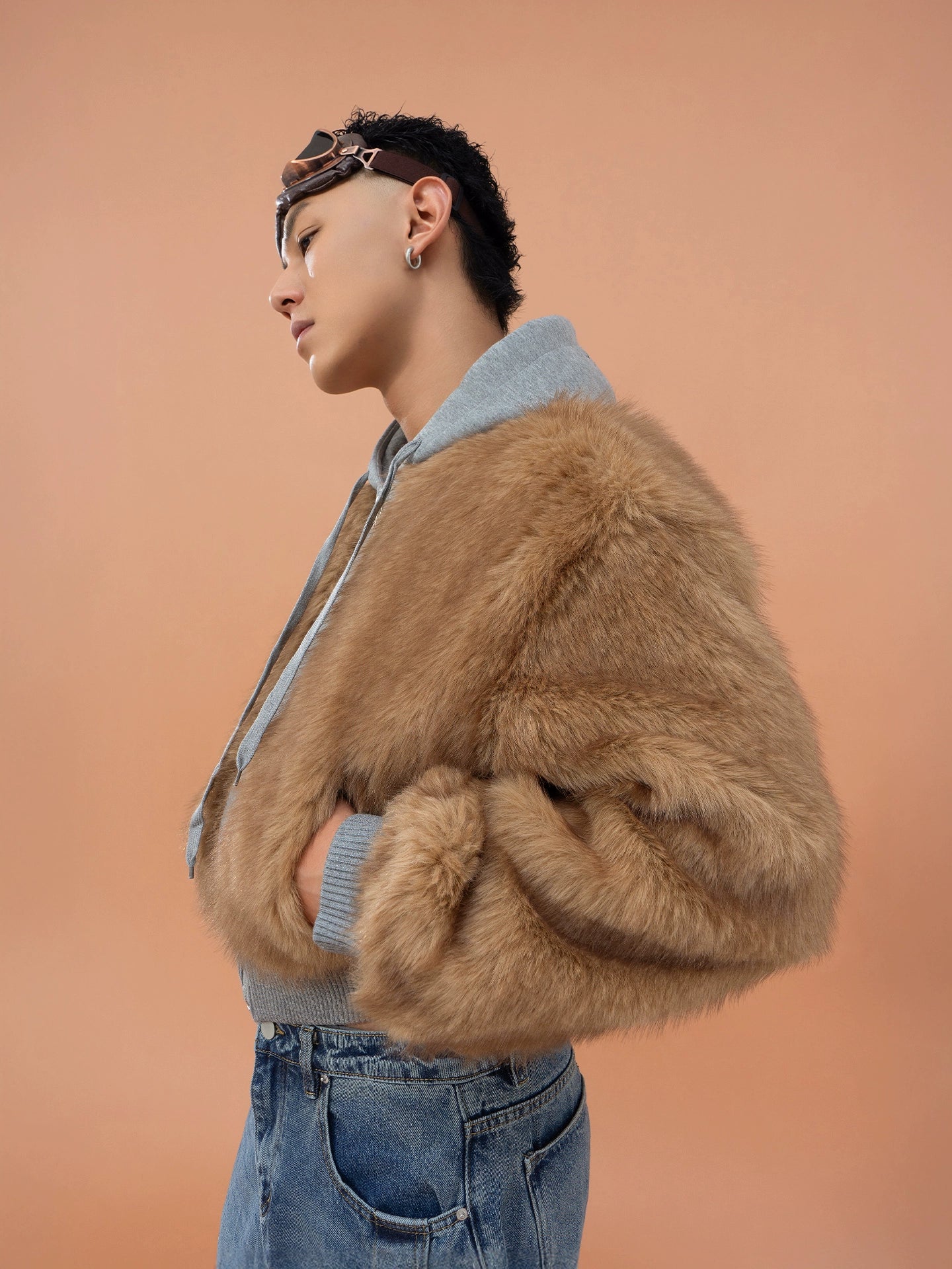 CLP Unisex Cropped Faux Fur Hoodie - Taupe Brown Zip-Up Coat-Brown-S-Free Shipping Leatheretro