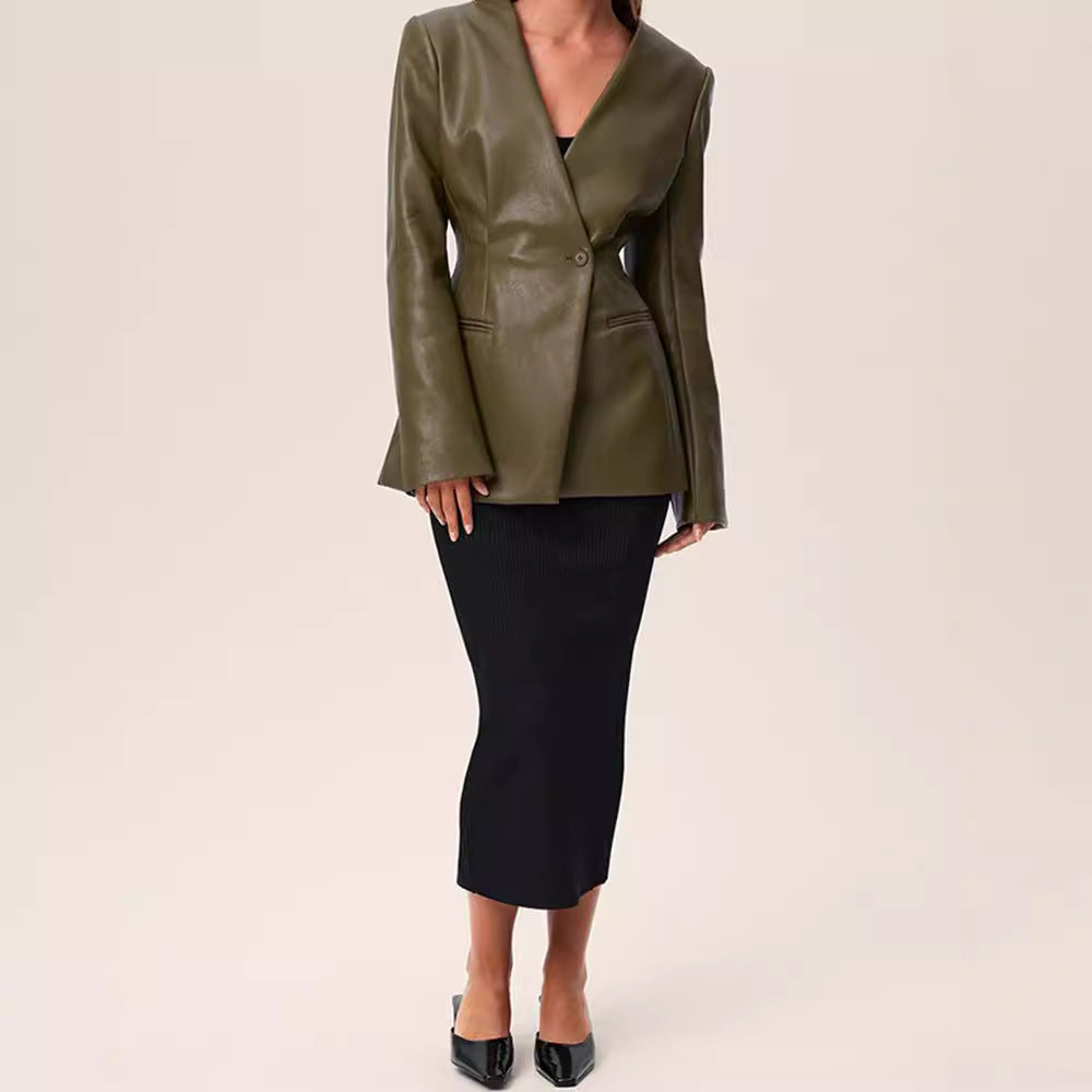 Fashionable Green V-Neck Slim-Fit Faux Leather Blazer-green-S-Free Shipping Leatheretro