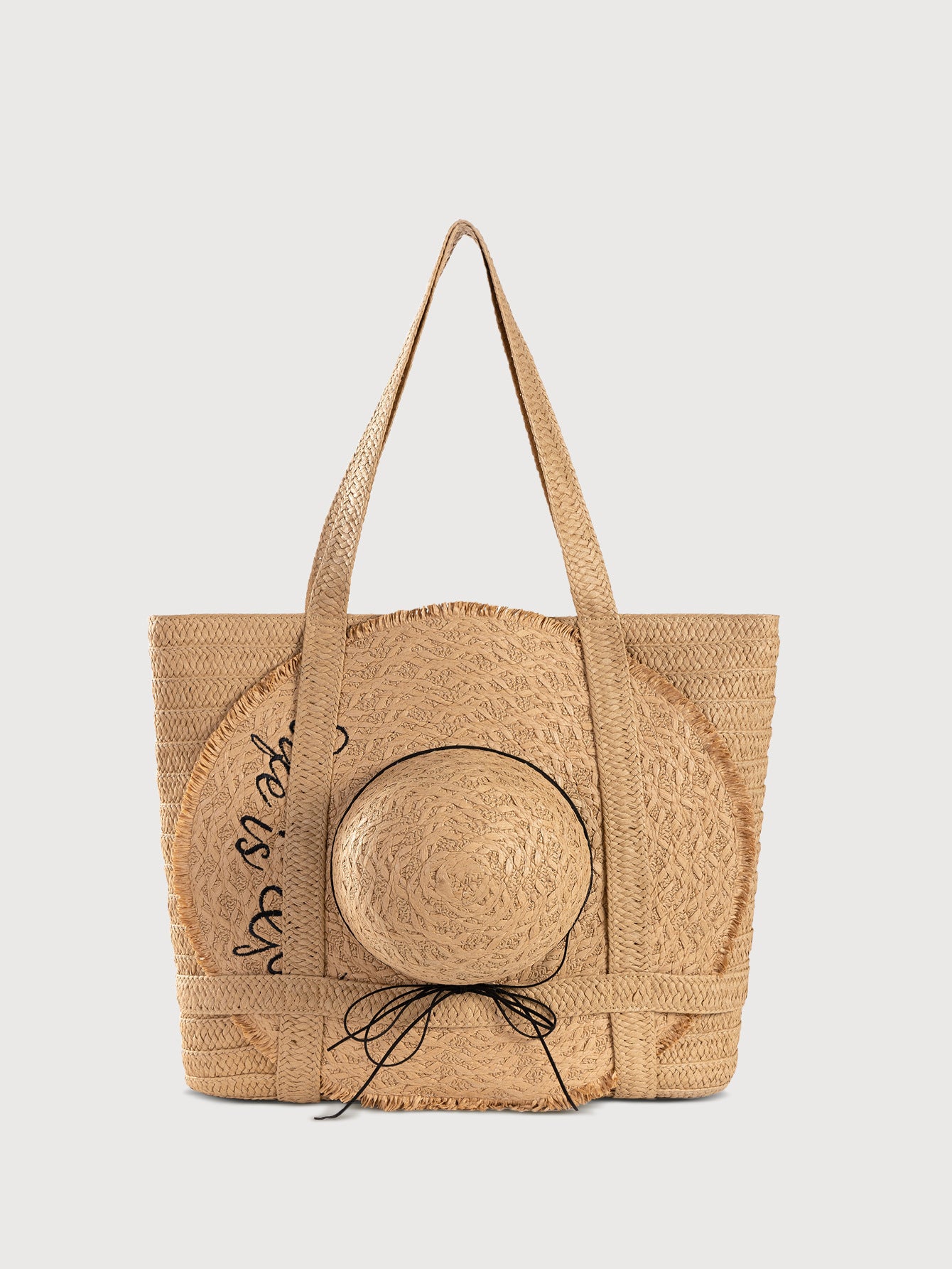 Handwoven Straw Tote Bag with Matching Hat-Apricot-Free Shipping Leatheretro