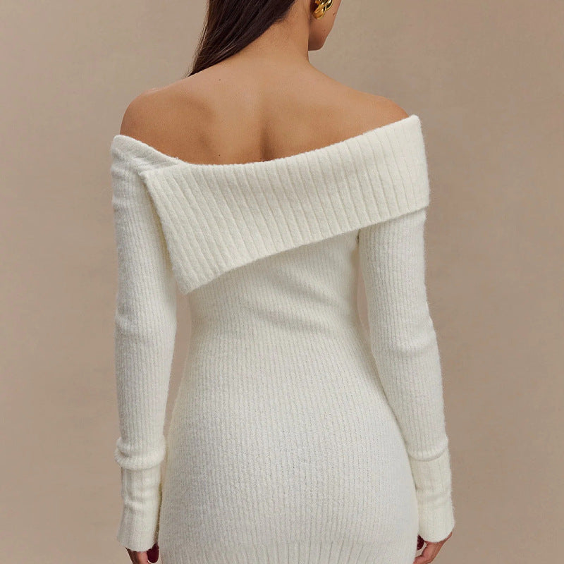 Sexy Off The Shoulder Long Sleeves Knitted Sweaters-Dresses-White-S-Free Shipping Leatheretro