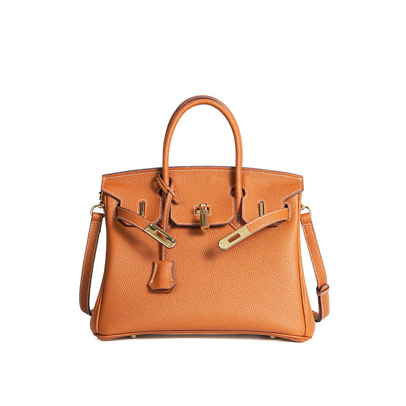 Luxury Genuine Top Grain Pebbled Leather Women's Handbag with Lock Closure-Handbags-elephant gray-35CM-Free Shipping Leatheretro