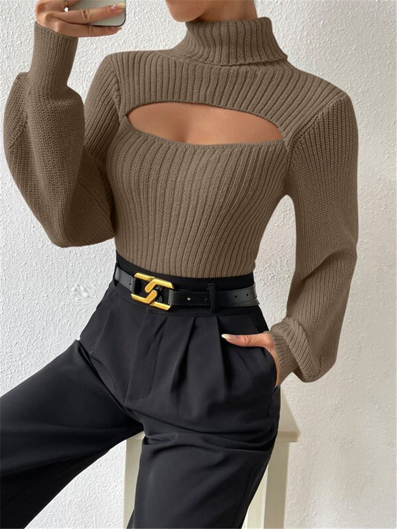 Sexy High Neck Short Knitted Sweaters-Sweater&Hoodies-Khaki-S-Free Shipping Leatheretro