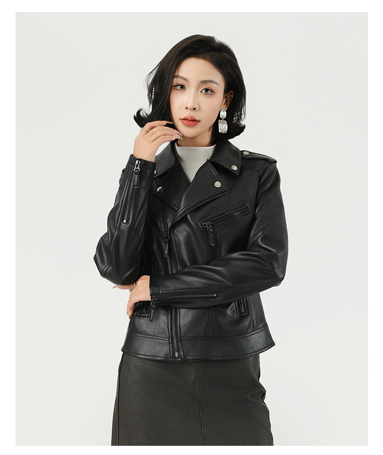 Women's Waist-Cinching Biker Faux Leather Jacket-Black-XS-Free Shipping Leatheretro