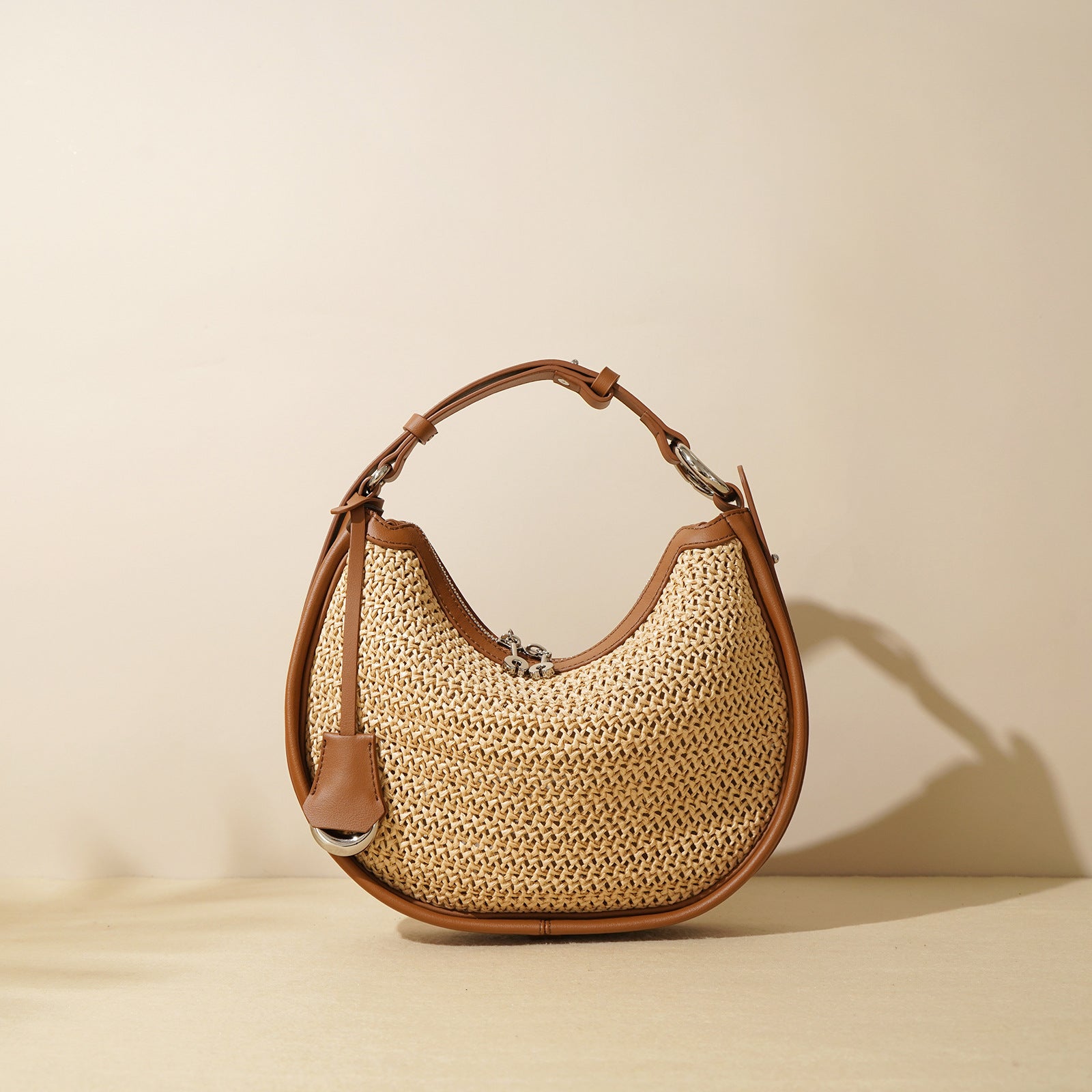 Woven Genuine Leather Crescent Bag-Handbags-White-Free Shipping Leatheretro