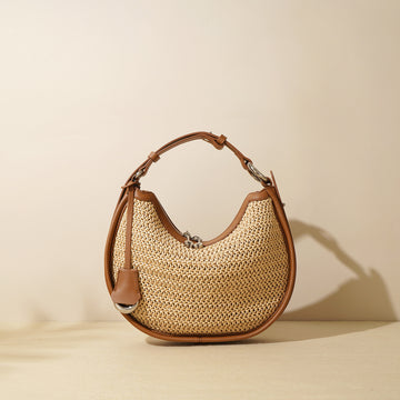 Woven Genuine Leather Crescent Bag-Handbags-White-Free Shipping Leatheretro