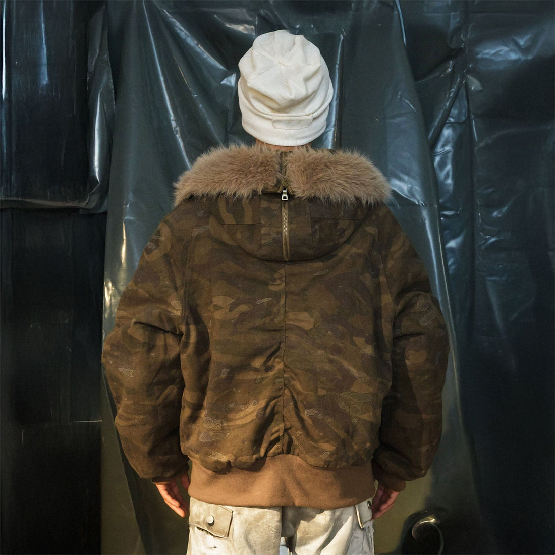 RECOVER ZONE Camo Faux-Fur Collar Bomber Jacket-Jacket-S-Free Shipping Leatheretro