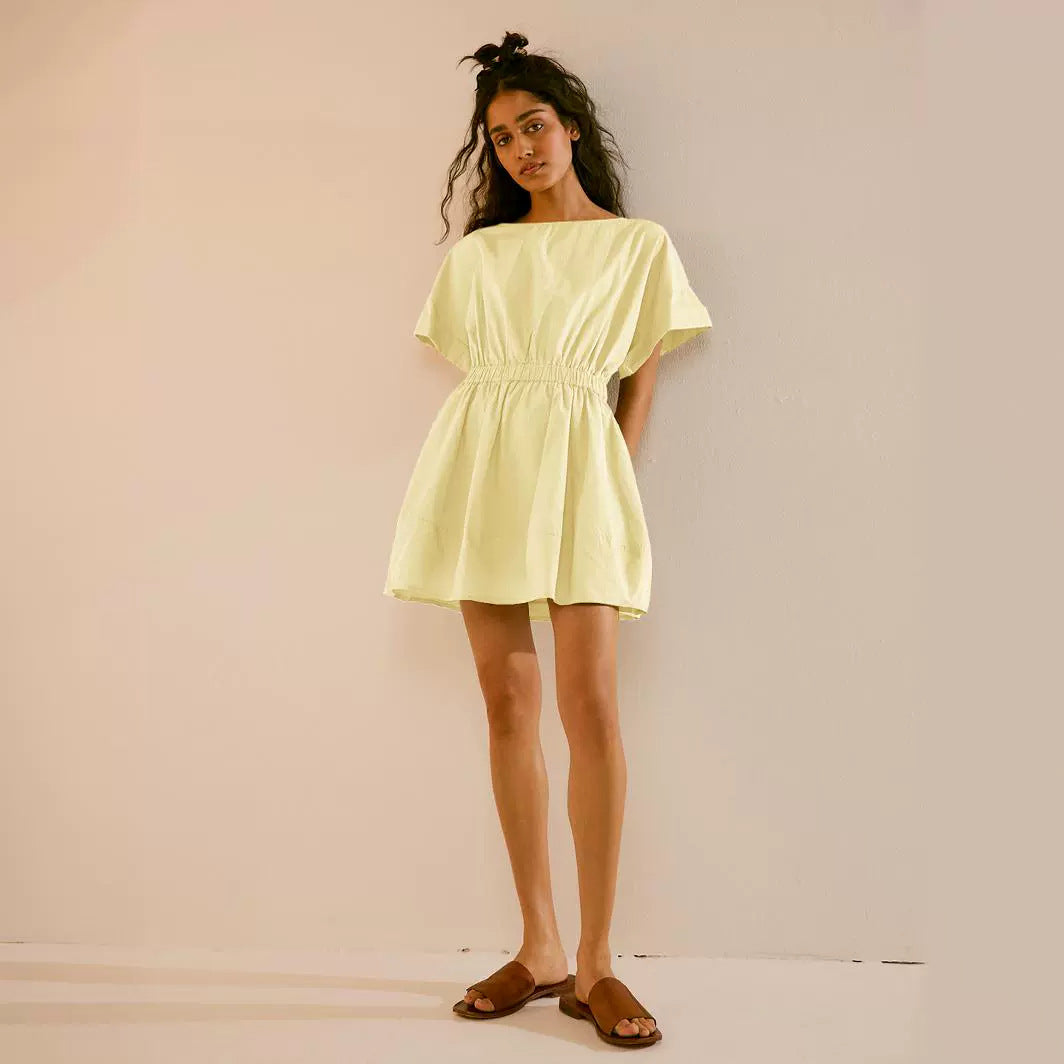 Summer Elastic Waist Short Vacation Dresses-Dresses-Light Yellow-S-Free Shipping Leatheretro