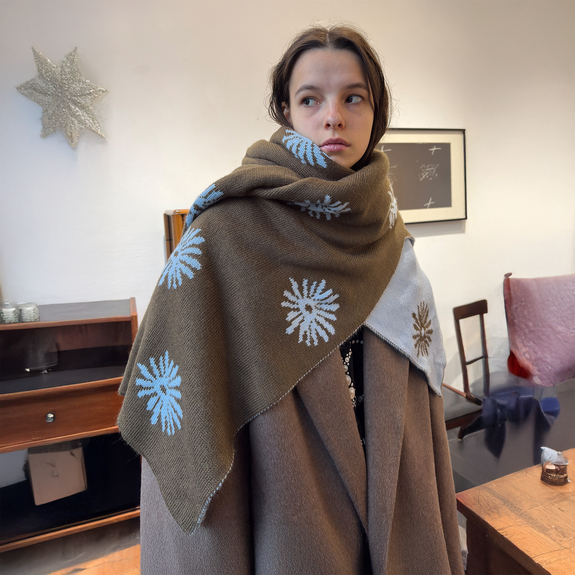 MIICHOUS Snowflake Jacquard Reversible Wool-Blend Scarf-Brown-Free Shipping Leatheretro