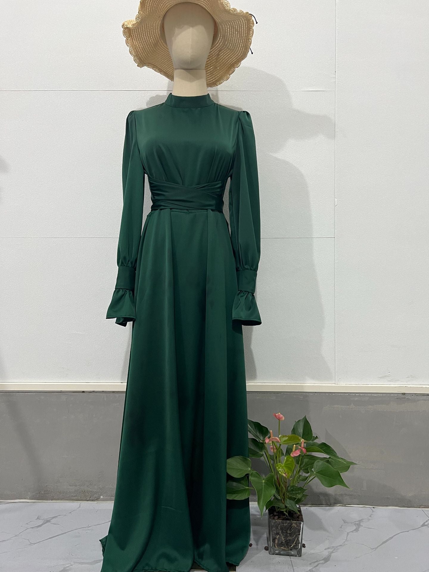 Elegant Long-sleeved Waist-tied Puff-sleeved Women Dresses-Dresses-Green-S-Free Shipping Leatheretro