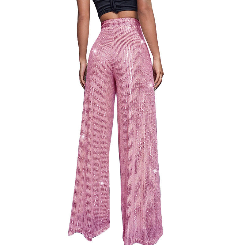 Fashion High Waist Sequin Summer Wide Legs Pants-Pants-Apricot-S-Free Shipping Leatheretro