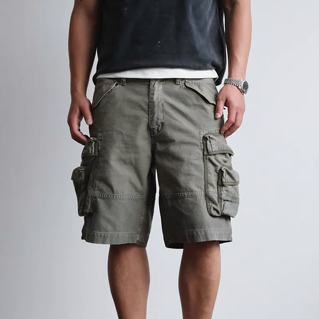 NEIGBORL Washed Multi-Pocket Cargo Shorts-Shorts-S-Khaki-Free Shipping Leatheretro
