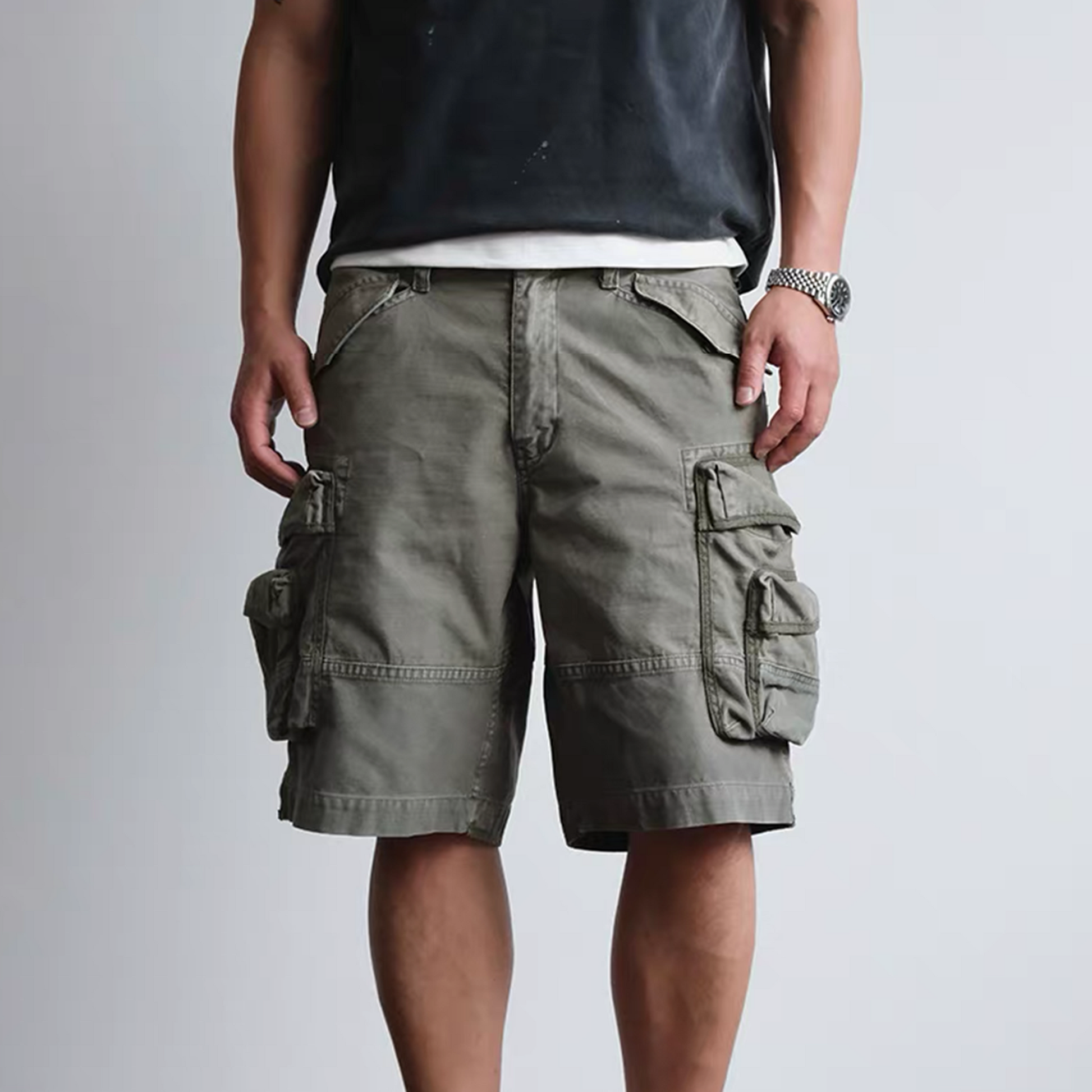 NEIGBORL Washed Multi-Pocket Cargo Shorts-Shorts-S-Green-Free Shipping Leatheretro