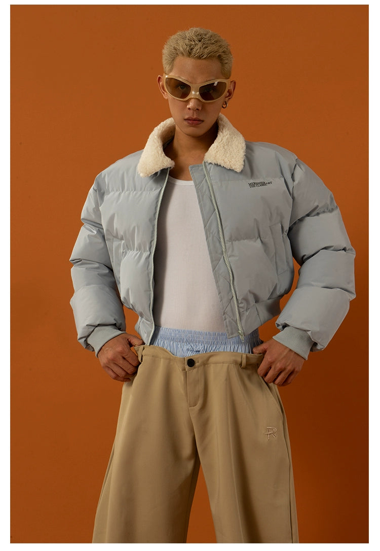 CLP Unisex Short Puffy Jacket with Sherpa Collar-Blue-S-Free Shipping Leatheretro