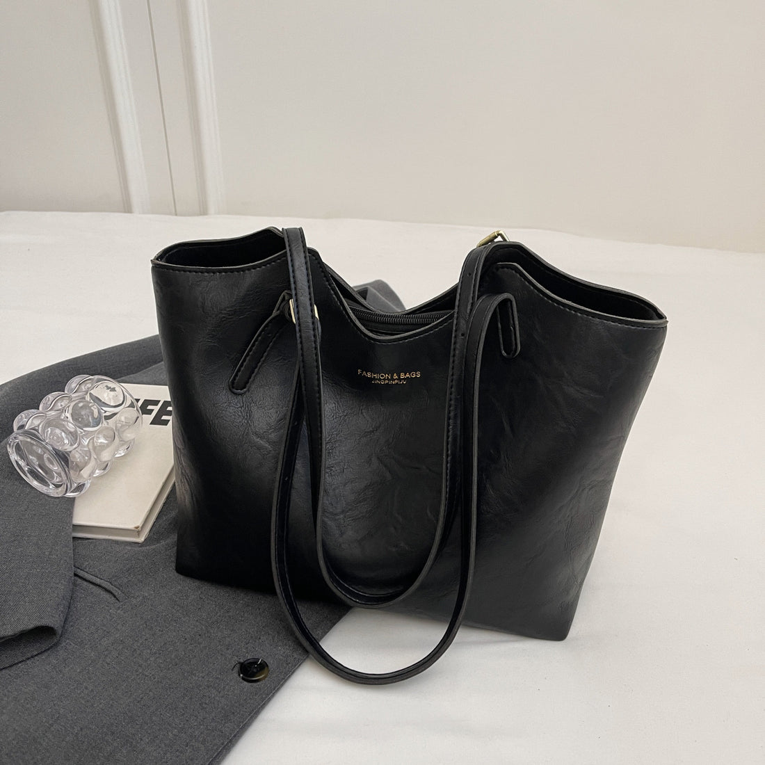 Vintage Soft Faux Leather Tote Bag for Women-Black with pendant.-Free Shipping Leatheretro