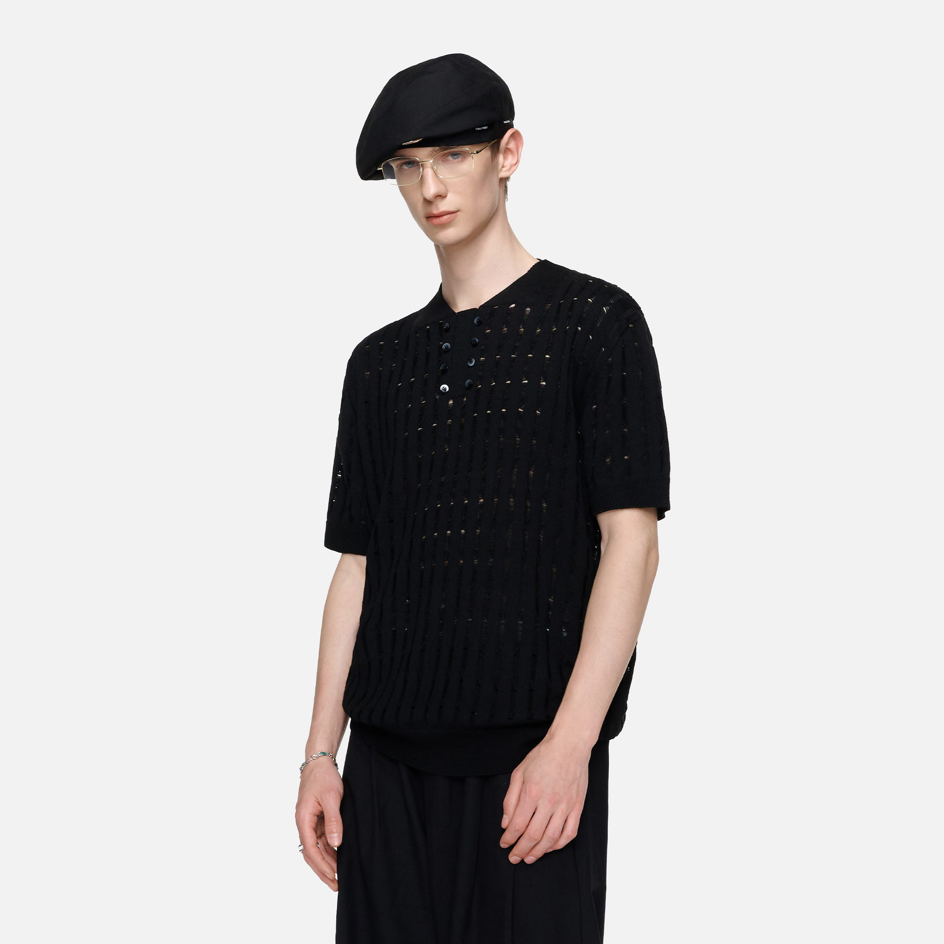 TIWILLTANG Essential Openwork Knitted T Shirt-T Shirt-S-Black-Free Shipping Leatheretro