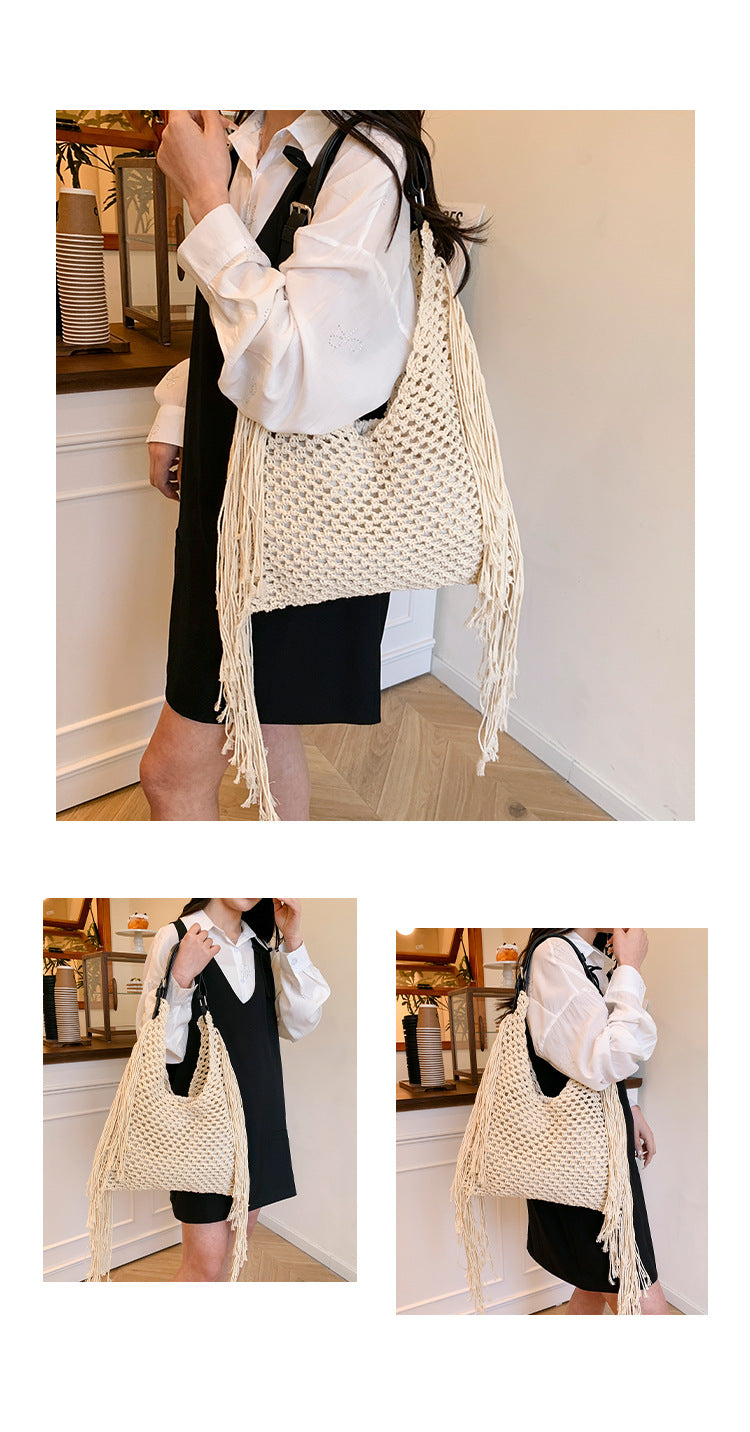 Retro Fringe Handwoven Crochet Tote Bag-Black-Free Shipping Leatheretro