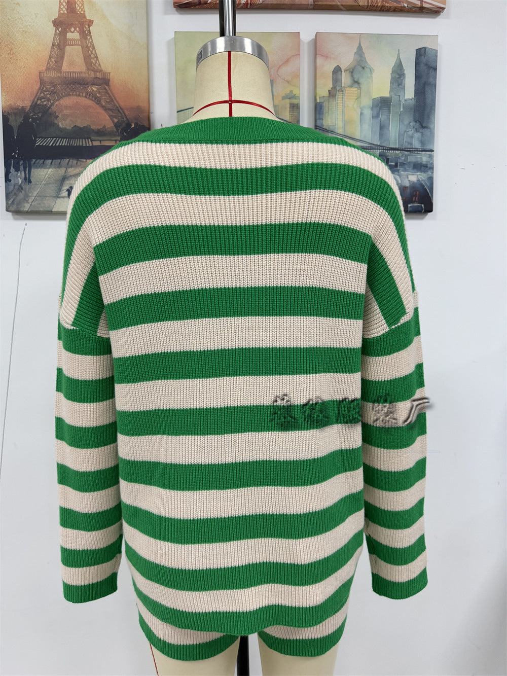 Leisure Round Neck Striped Women Sweaters-suits-Green-S-Free Shipping Leatheretro