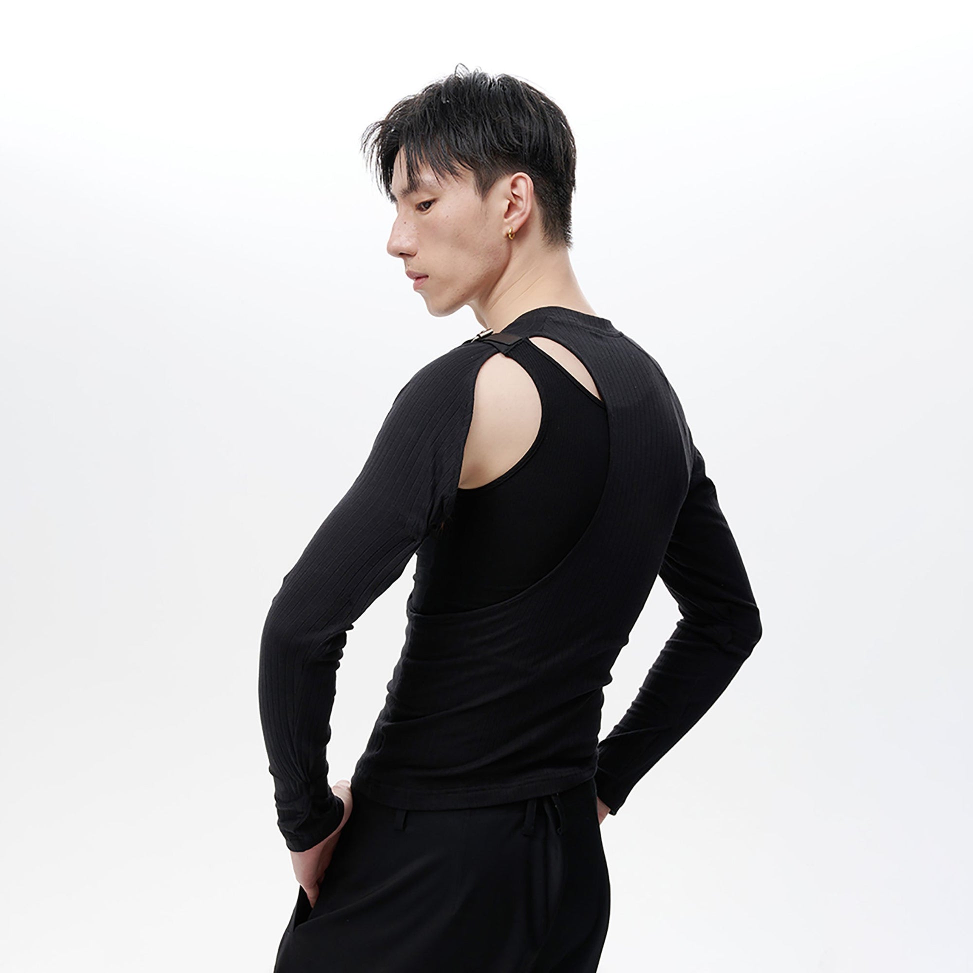 TUIMU Belted Cut-Out Ribbed Long-Sleeve Tee-L/S Tee-M-White-Free Shipping Leatheretro
