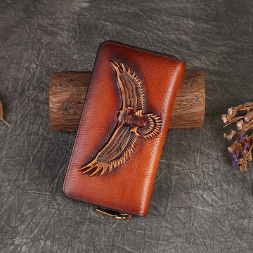 Full-Grain Leather Unisex Wallet - Multi-Card Slots, Eagle Design Spacious Design & Phone Pocket-Handbags, Wallets & Cases-Dark Brown-Free Shipping Leatheretro