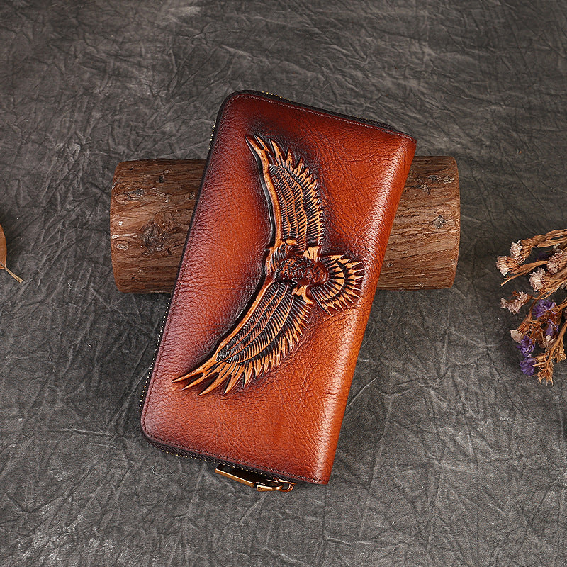 Full-Grain Leather Unisex Wallet - Multi-Card Slots, Eagle Design Spacious Design & Phone Pocket-Handbags, Wallets & Cases-Dark Brown-Free Shipping Leatheretro
