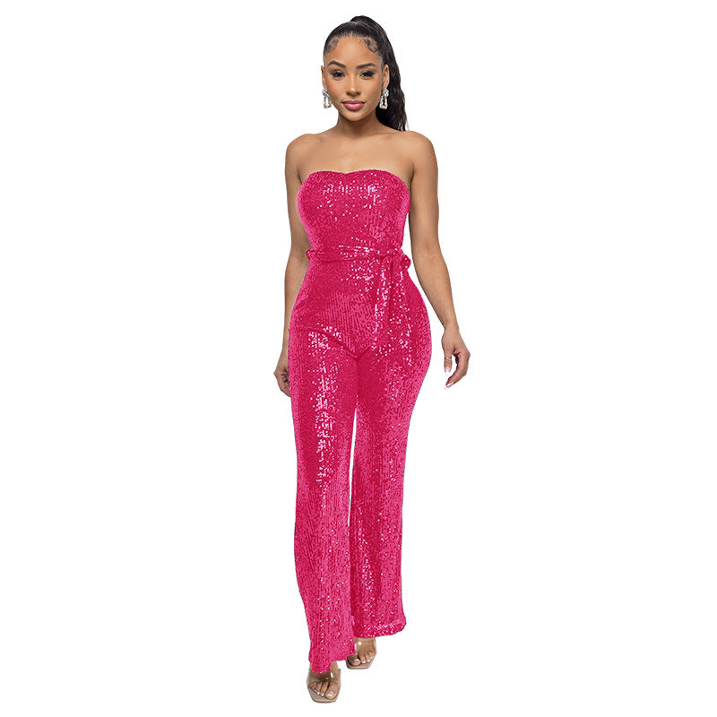 Sexy Strapless Sequined Sleeveless Jumpsuits-Suits-Rose Red-S-Free Shipping Leatheretro