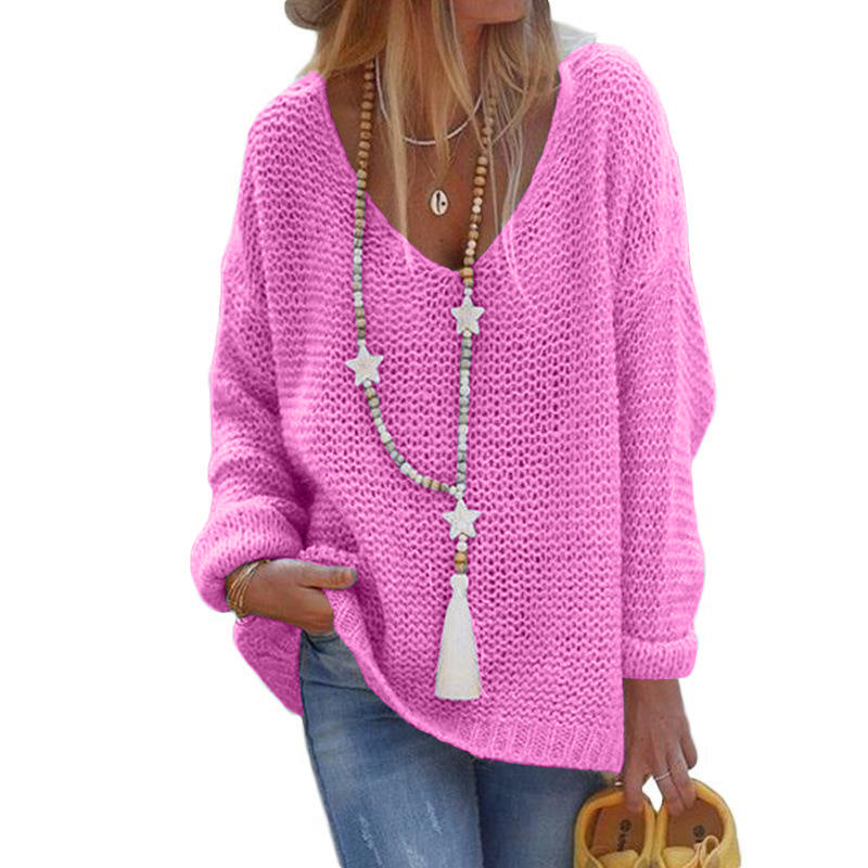 Casual V Neck Knitted Women Sweaters-Sweater&Hoodies-Pink-S-Free Shipping Leatheretro