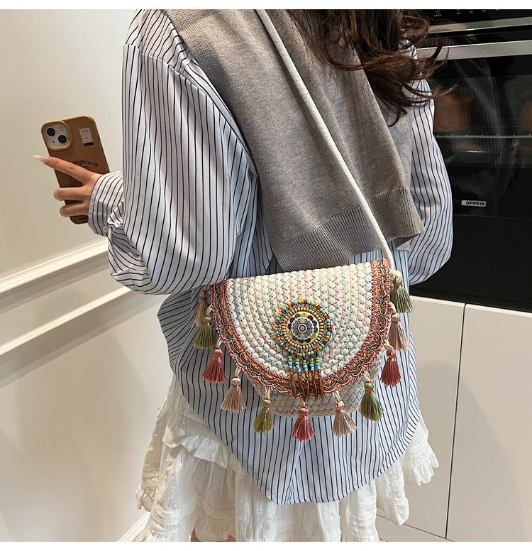 Bohemian Straw Woven Handbag-khaki-Free Shipping Leatheretro